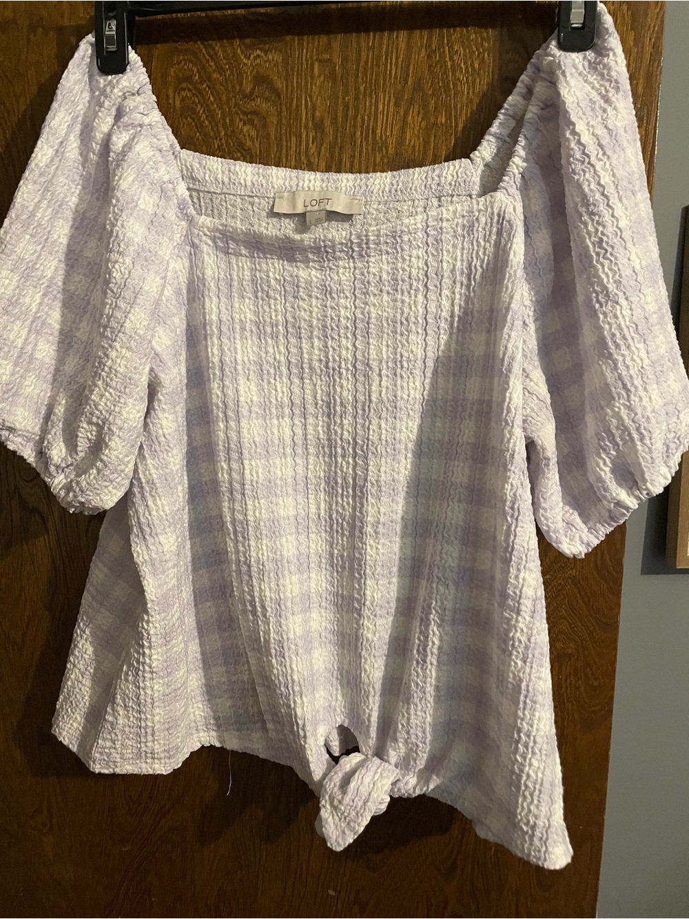LOFT Lavender Plaid Puff-Sleeve Tie-Hem Top